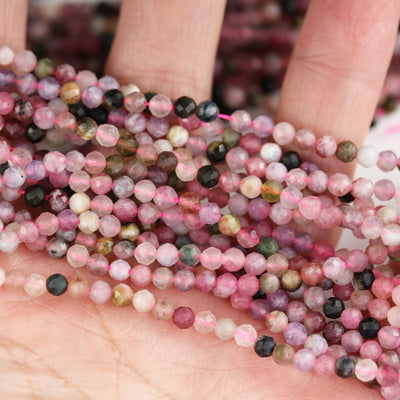 Tourmaline, 3mm faceted round gemstone beads ,  full strand colorful, 16", 0.6mm hole