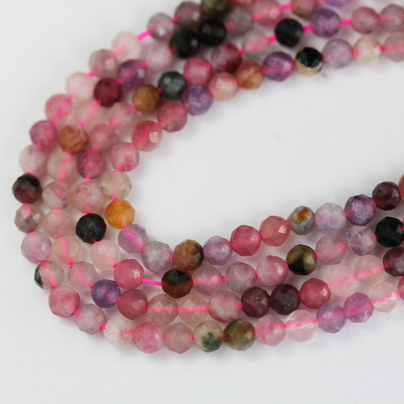 Tourmaline, 3mm faceted round gemstone beads ,  full strand colorful, 16", 0.6mm hole