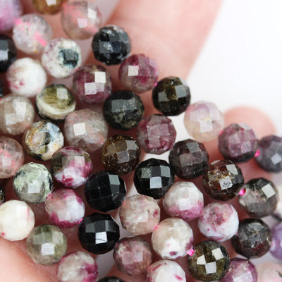 Natural Tourmaline, 6mm Faceted round Gemstone Beads ,7.5 ", 1mm hole, about 34beads