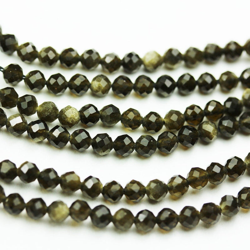 Natural golden obsidian,4mm faceted round natural gemstone beads, 15.5 inch , 0.6mm hole, About 90 Beads