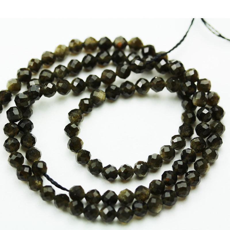 Natural golden obsidian,4mm faceted round natural gemstone beads, 15.5 inch , 0.6mm hole, About 90 Beads