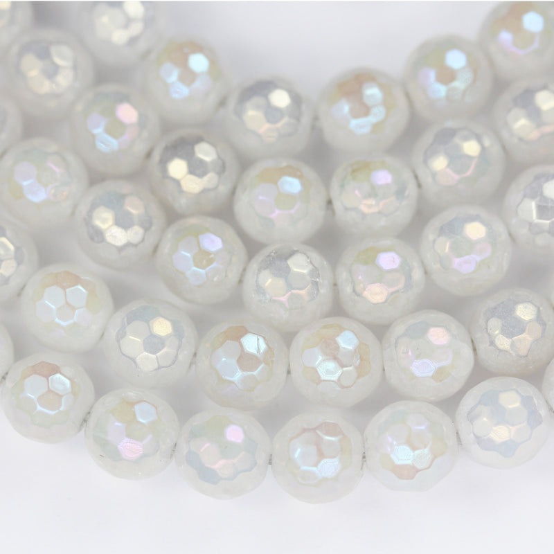 White jade, 6/8/10mm Faceted Round, AB coated, Mystic Coated Agate Gemstone Strand, One full strand hole 1mm, 15.5 inch