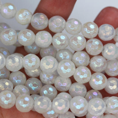 White jade, 6/8/10mm Faceted Round, AB coated, Mystic Coated Agate Gemstone Strand, One full strand hole 1mm, 15.5 inch