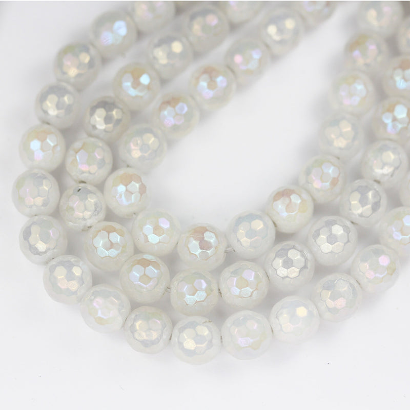 White jade, 6/8/10mm Faceted Round, AB coated, Mystic Coated Agate Gemstone Strand, One full strand hole 1mm, 15.5 inch