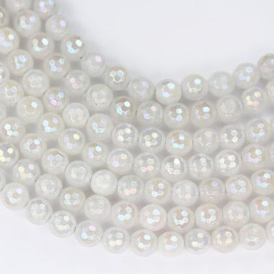 White jade, 6/8/10mm Faceted Round, AB coated, Mystic Coated Agate Gemstone Strand, One full strand hole 1mm, 15.5 inch