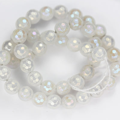 White jade, 6/8/10mm Faceted Round, AB coated, Mystic Coated Agate Gemstone Strand, One full strand hole 1mm, 15.5 inch