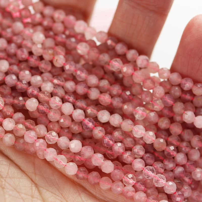 Natural Madagascar Rose Quartz Gemstone 3mm Faceted Round Strand, 15.5inch , about 100 beads,hole0.6mm