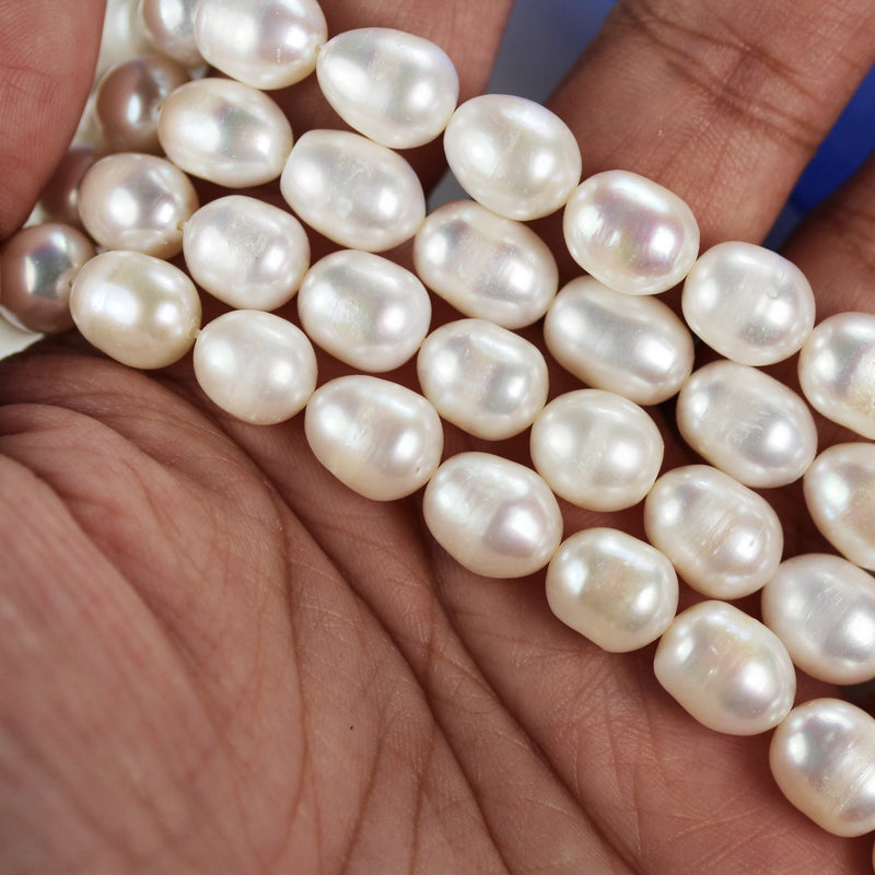 Freshwater pearl strand, white, 8*10mm potato shape, 14 inches, 0.8mm hole, about 34pcs pearl