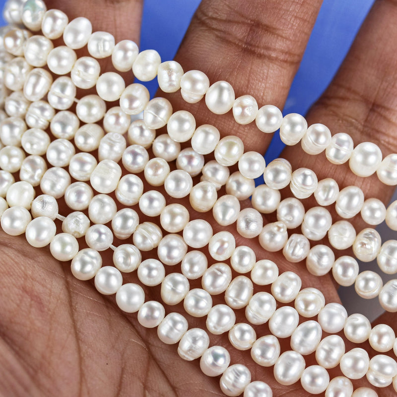 Freshwater pearl strand, white, 4.5*5-6mm potato shape, 14 inches, 0.8mm hole, about 80pcs pearl