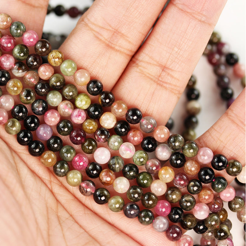 Tourmaline, 4.5mm Round Gemstone Beads, Full Strand Colorful Tourmaline, about 85pcs beads ,0.6mm hole, 15.5"