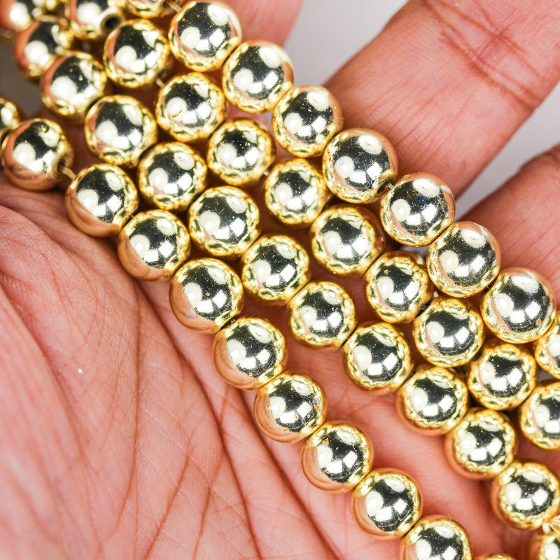 Hematite, 8mm round gemstone, one full strand , electroplated gold gemstone beads, about 54 beads, hole 1mm,16"