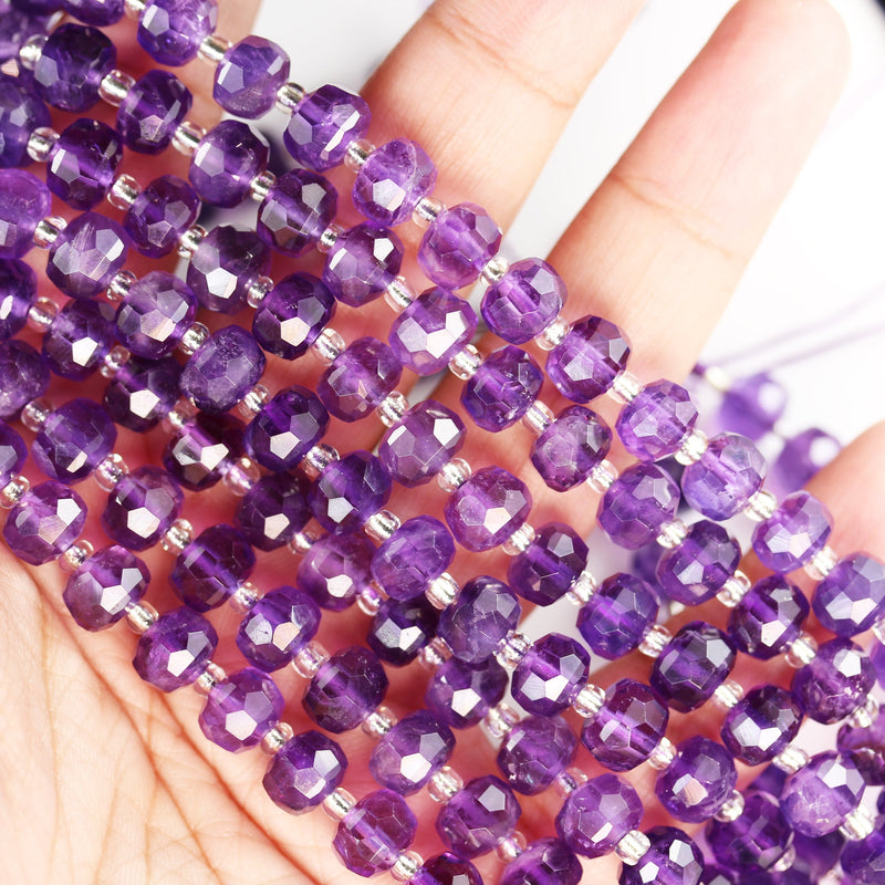 Natural amethyst beads, 6*8mm faceted rondelle beads gemstone with spacer, one full strand, 7 inch, about 24 beads, 1mm hole