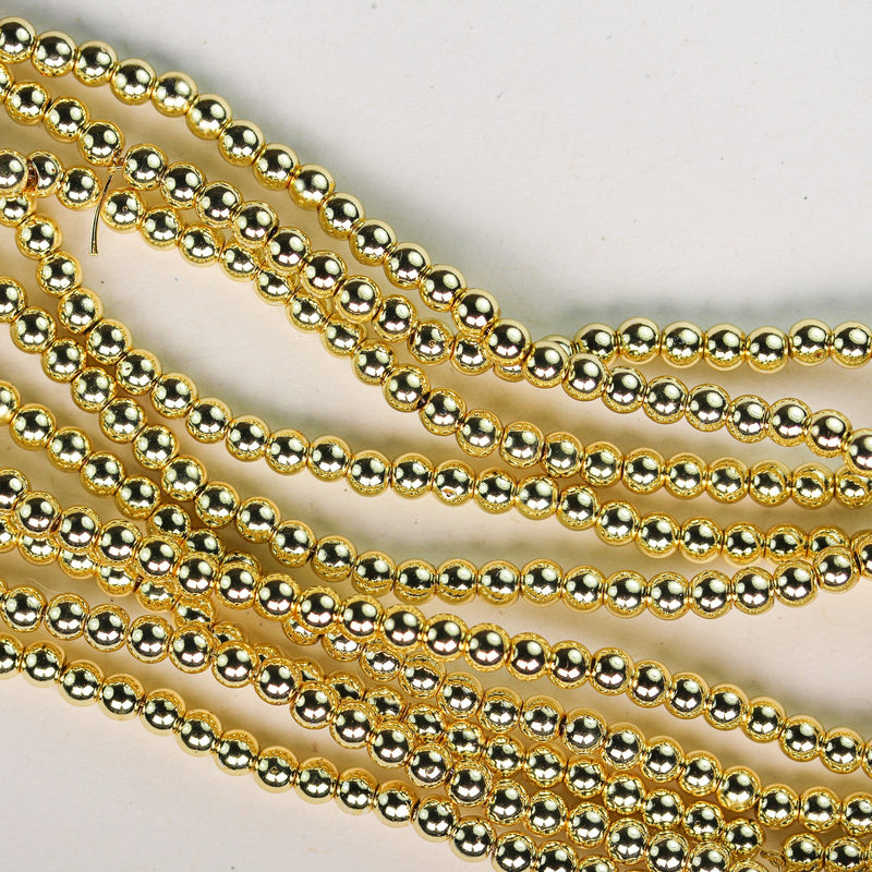 Hematite, 4mm round gemstone, one full strand , electroplated gold gemstone beads, about 114 beads, hole 1mm,16"