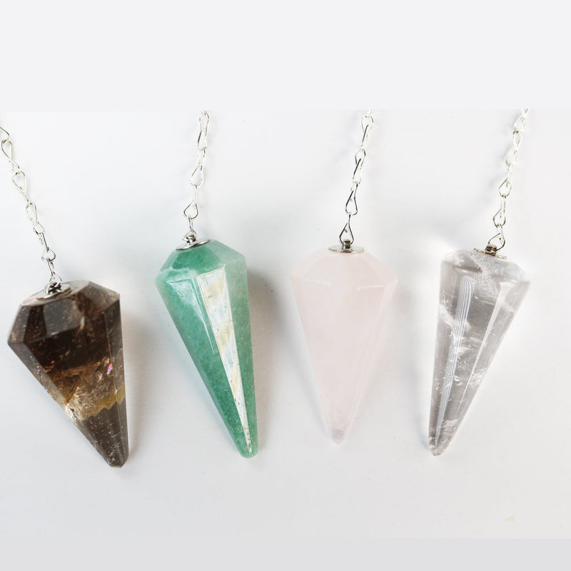 Natural Gemstone Point Pendulum Pendant -- Smoky Quartz, Aventurine, Rose quartz, Clear Quartz Pendant with Silver Plated  Chain