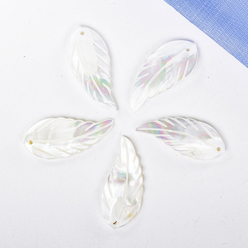 Natural shell beads, 30*13mm Feather Shaped Shell Charms/pendants/beads, Top side hole, 1mm hole