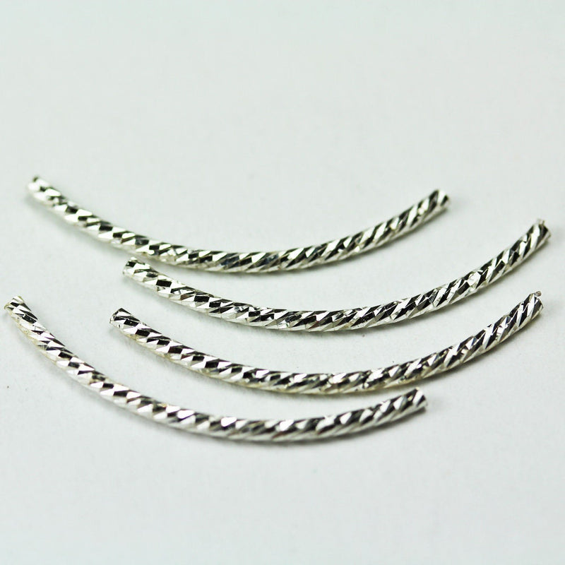 Tube Beads 8pcs 1.5*30mm 925 Sterling silver jewellery Findings Faceted Shinning Curved Tube Beads, 0.8mm hole