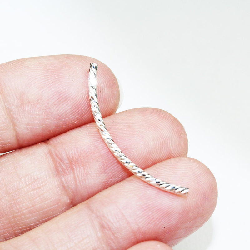 Tube Beads 8pcs 1.5*30mm 925 Sterling silver jewellery Findings Faceted Shinning Curved Tube Beads, 0.8mm hole