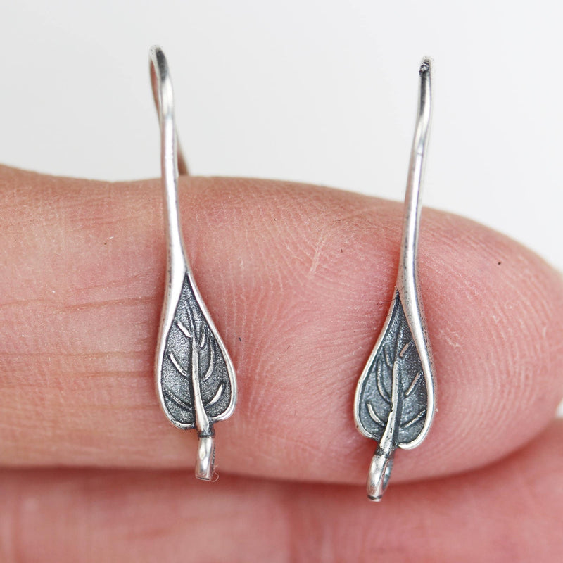 Earring findings 4pcs 925 antique sterling silver jewellery findings earring hook, 20mm length Leaf drop with loop, hole1mm