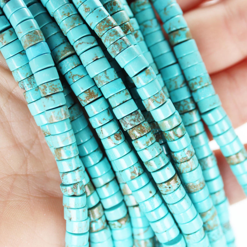 Turquoise, 6mm rondelle beads, 15.5 inch, gemstone strand, blue & brown color, 3mm thick, about 120 pcs