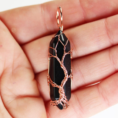 1pc Obsidian Double Terminated Point Pendant, Tree-Of-Life Copper Wire Wrapped Gemstone Pendant 10*40mm Stone