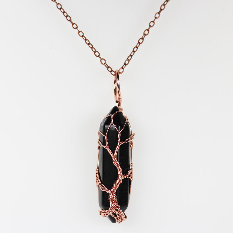 1pc Obsidian Double Terminated Point Pendant, Tree-Of-Life Copper Wire Wrapped Gemstone Pendant 10*40mm Stone