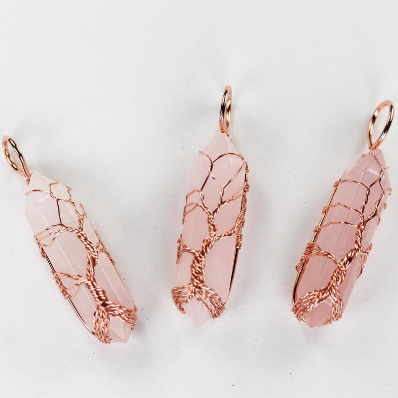 1pc Rose Quartz Double Terminated Point Pendant, Tree-Of-Life Copper Wire Wrapped Gemstone Pendant 10*40mm Stone