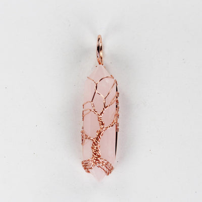 1pc Rose Quartz Double Terminated Point Pendant, Tree-Of-Life Copper Wire Wrapped Gemstone Pendant 10*40mm Stone