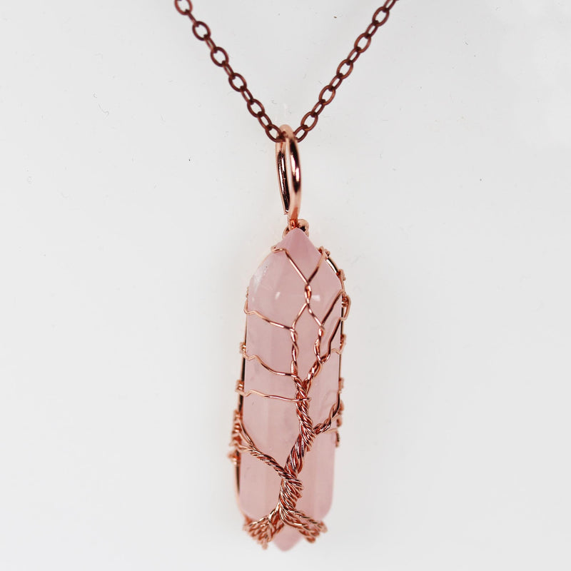 1pc Rose Quartz Double Terminated Point Pendant, Tree-Of-Life Copper Wire Wrapped Gemstone Pendant 10*40mm Stone