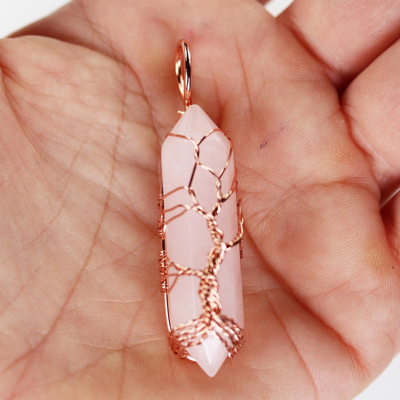 1pc Rose Quartz Double Terminated Point Pendant, Tree-Of-Life Copper Wire Wrapped Gemstone Pendant 10*40mm Stone