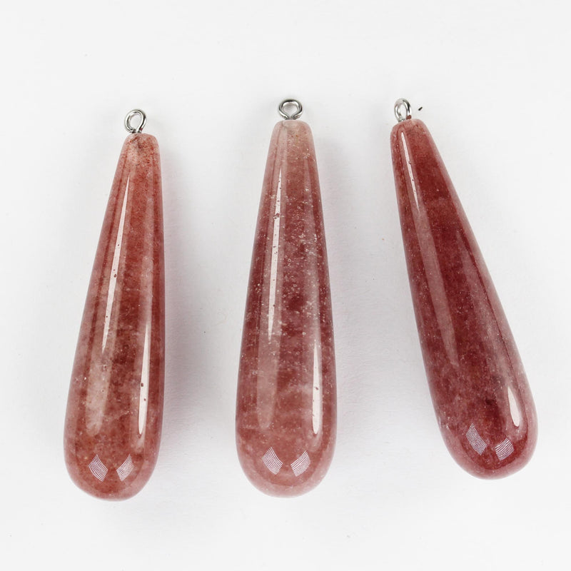 1 pc Strawberry Quartz 15*60mm Gemstone Acupressure Wand Pendant with Silver Plated Loop Bail