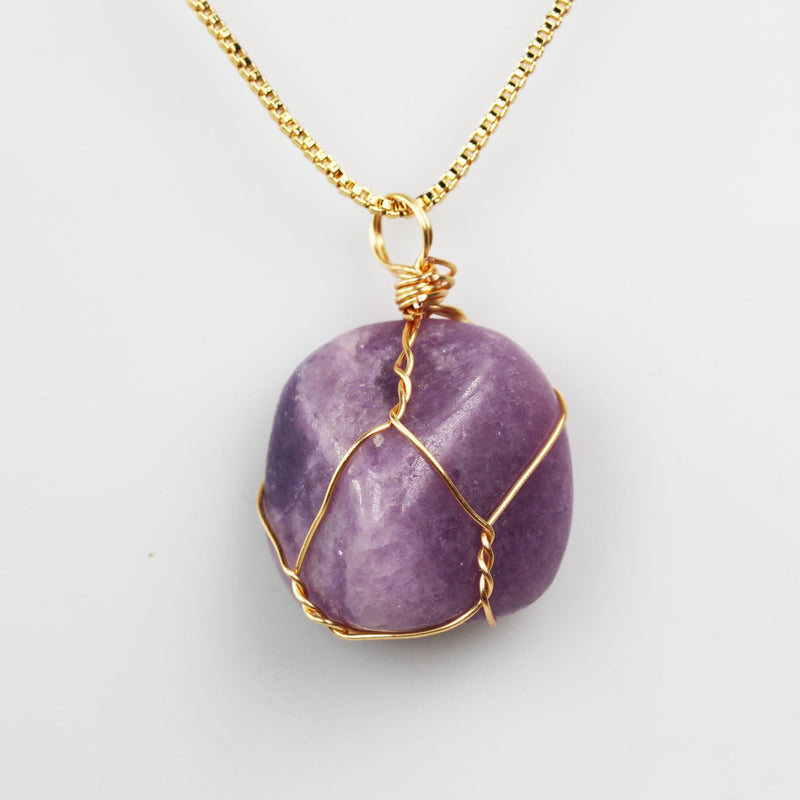 2pcs Lepidolite Tumbled Freeform Gemstone, Gold Plated Wire Wrapped Pendant, 22mm-10mm