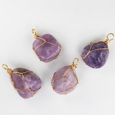 2pcs Lepidolite Tumbled Freeform Gemstone, Gold Plated Wire Wrapped Pendant, 22mm-10mm