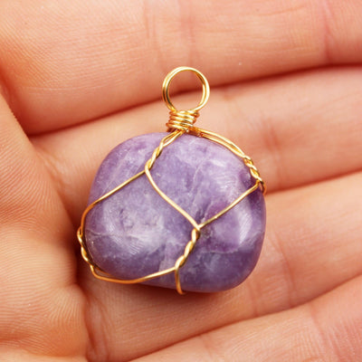 2pcs Lepidolite Tumbled Freeform Gemstone, Gold Plated Wire Wrapped Pendant, 22mm-10mm