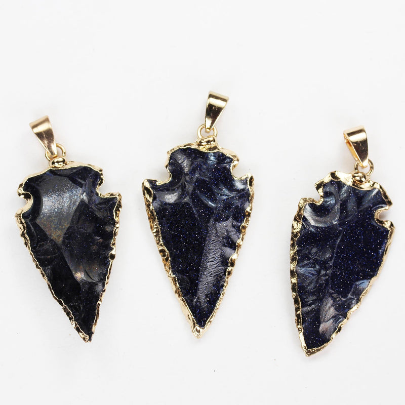 1pc Blue Sandstone Arrowhead Gold Plated Gemstone Pendant with Bail, size 20-24mm*35-40mm