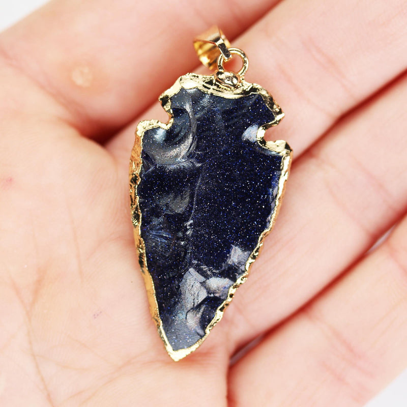 1pc Blue Sandstone Arrowhead Gold Plated Gemstone Pendant with Bail, size 20-24mm*35-40mm