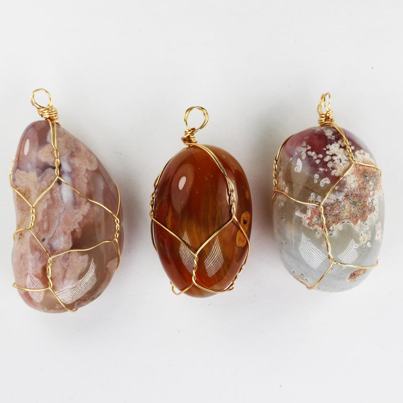 2pcs Sakura (Cherry Blossom) Agate Tumbled Freeform Gemstone, Gold Plated Wire Wrapped Pendant, size 10-25mm*25-50mm