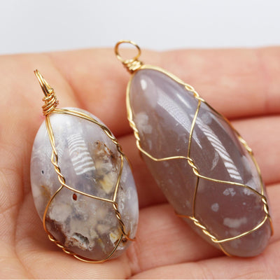 2pcs Sakura (Cherry Blossom) Agate Tumbled Freeform Gemstone, Gold Plated Wire Wrapped Pendant, size 10-25mm*25-50mm