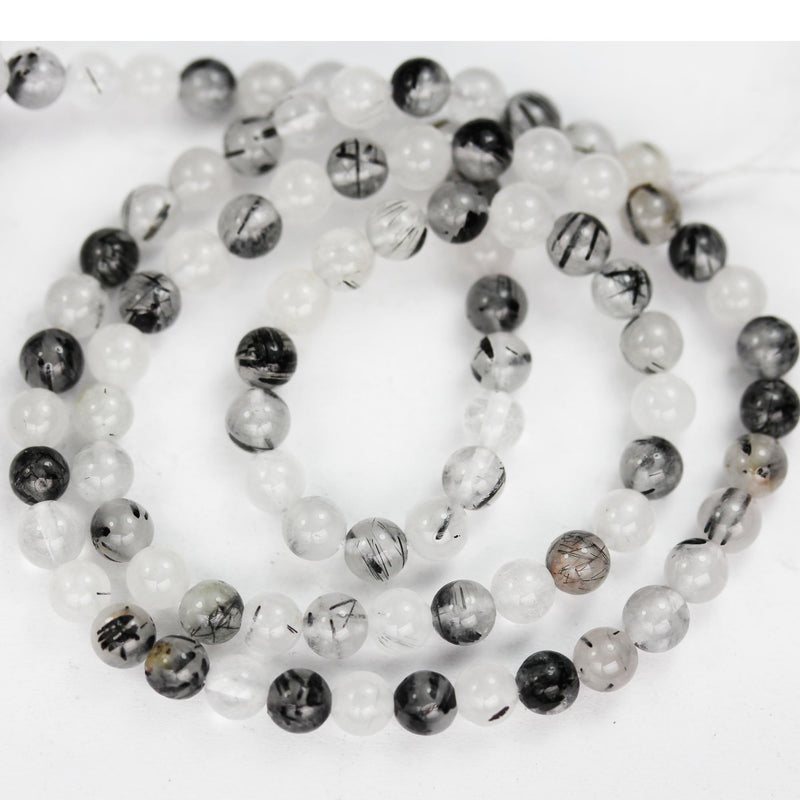 4mm black rutilated quartz, Round  gemstone, one full strand, clear/ grey& black, hole 0.6mm,16"