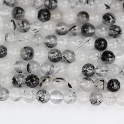 4mm black rutilated quartz, Round  gemstone, one full strand, clear/ grey& black, hole 0.6mm,16"