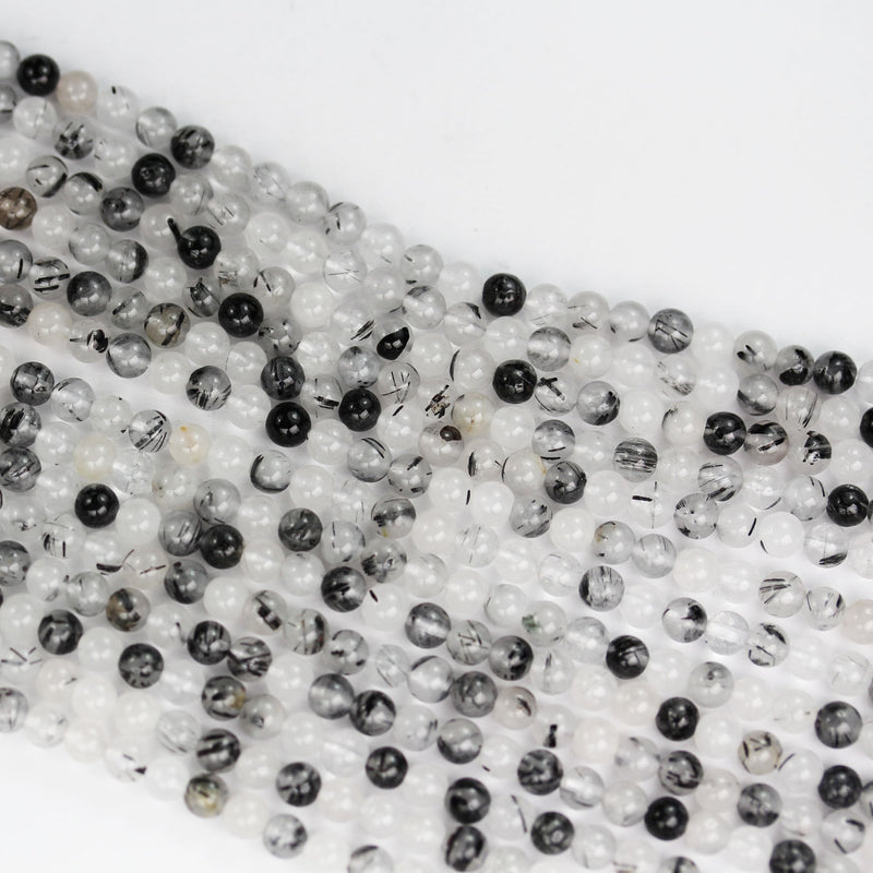 4mm black rutilated quartz, Round  gemstone, one full strand, clear/ grey& black, hole 0.6mm,16"