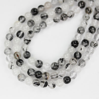 4mm black rutilated quartz, Round  gemstone, one full strand, clear/ grey& black, hole 0.6mm,16"