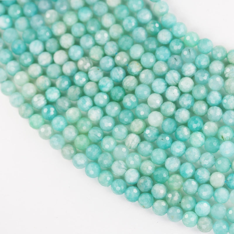 Green Amazonite, 6mm faceted round natural gemstone, one full 16" strand, about 60 beads, hole 0.8mm