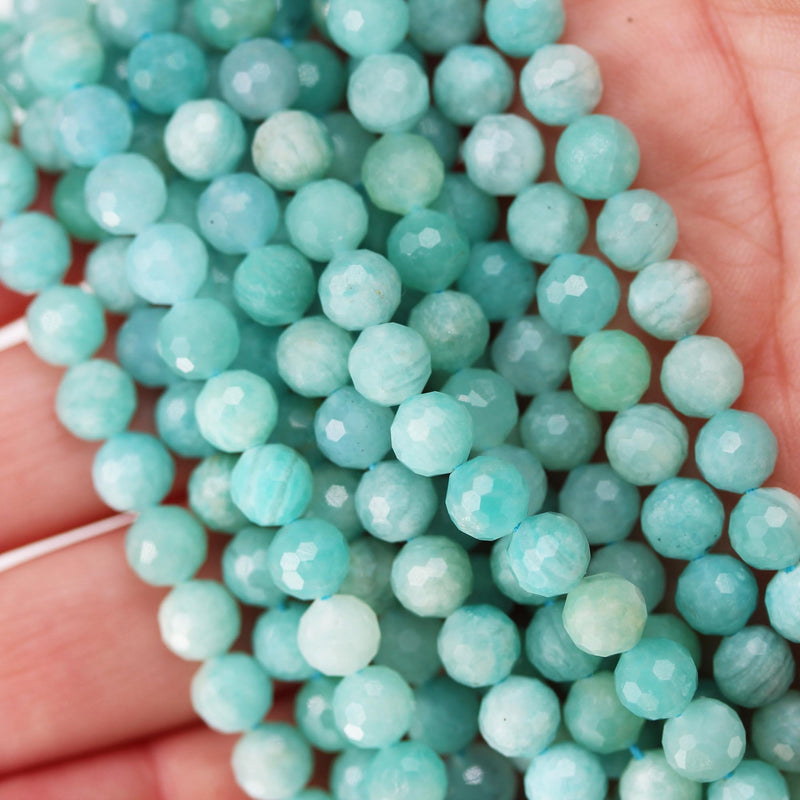 Green Amazonite, 6mm faceted round natural gemstone, one full 16" strand, about 60 beads, hole 0.8mm