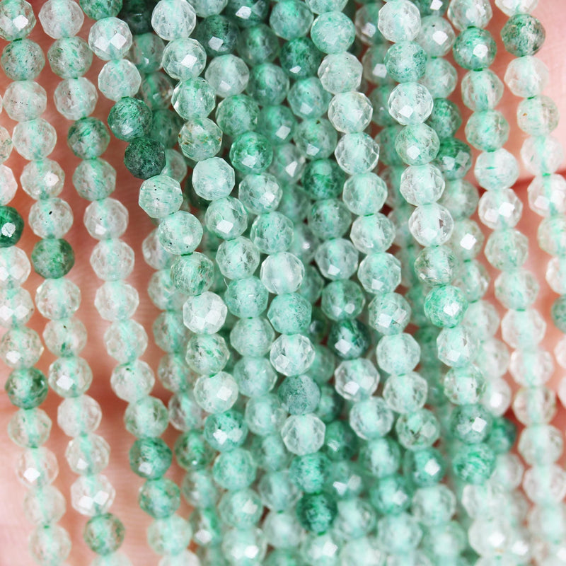 Green Strawberry Quartz, 3mm faceted round gemstone strand, 15.5inch , about 90 beads , 0.8mm hole