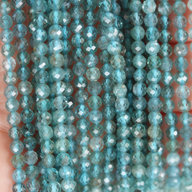 Apatite, 3mm faceted round blue gemstone beads, 16 inch, 0.6mm hole