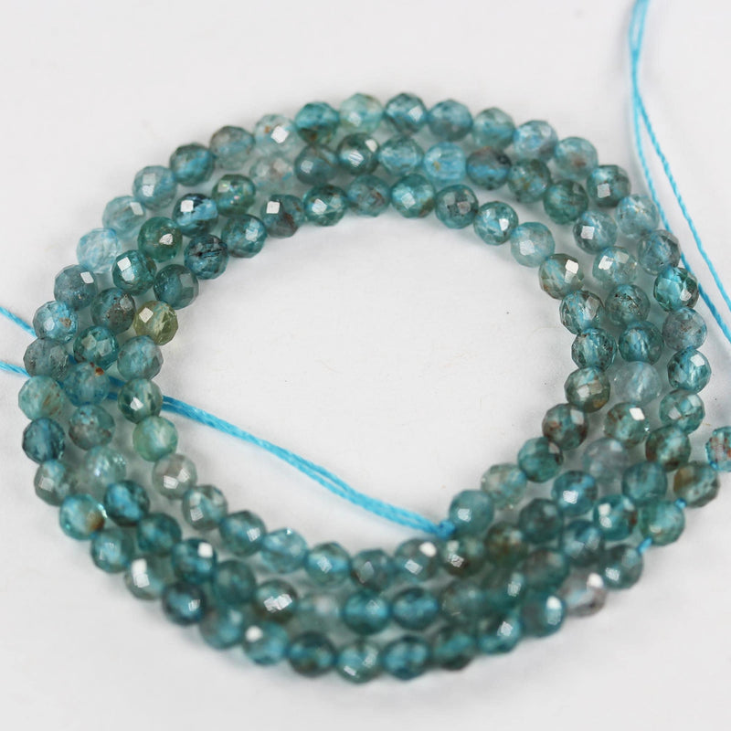 Apatite, 3mm faceted round blue gemstone beads, 16 inch, 0.6mm hole