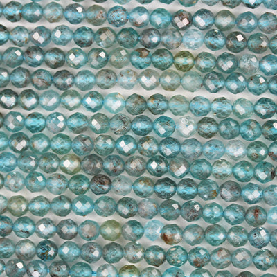 Apatite, 3mm faceted round blue gemstone beads, 16 inch, 0.6mm hole