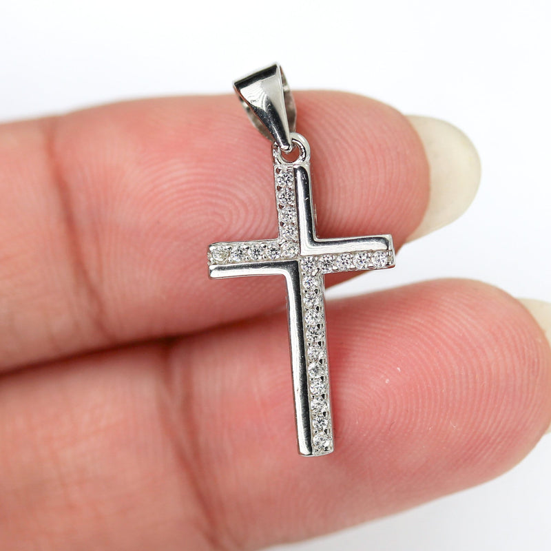 Silver charm 1pc 925 sterling silver w cubic zirconia jewellery findings cross charms beads, 12*20mm, 8mm bail, 4mm hole