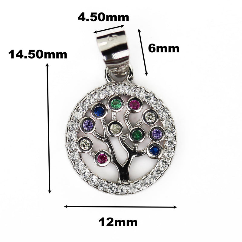 Silver charm 1pc 12mm round button tree of life 925 s. silver jewellery findings w/multi color cubic zirconia pendant/charm beads, 6mm bail