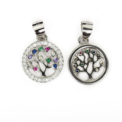 Silver charm 1pc 12mm round button tree of life 925 s. silver jewellery findings w/multi color cubic zirconia pendant/charm beads, 6mm bail